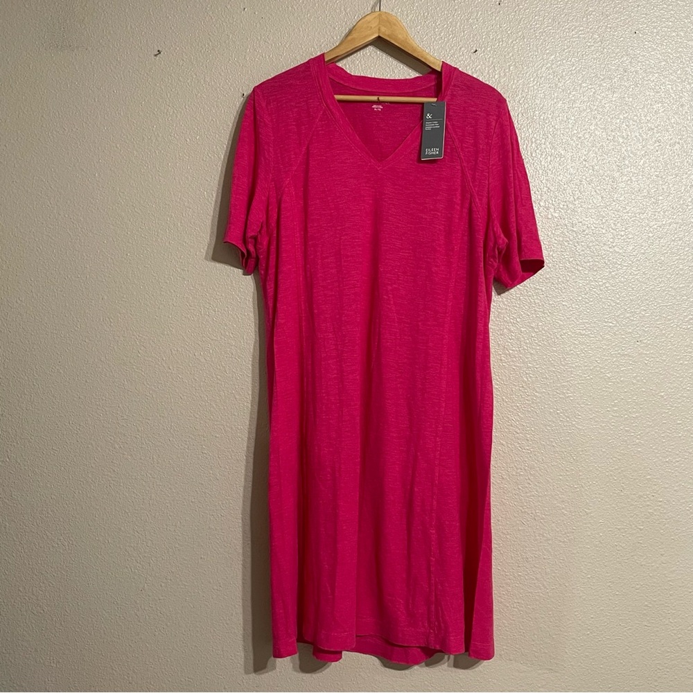 Eileen Fisher V Neck Shirt Dress Hem and Organic Cotton Pink - Picture 2 of 12